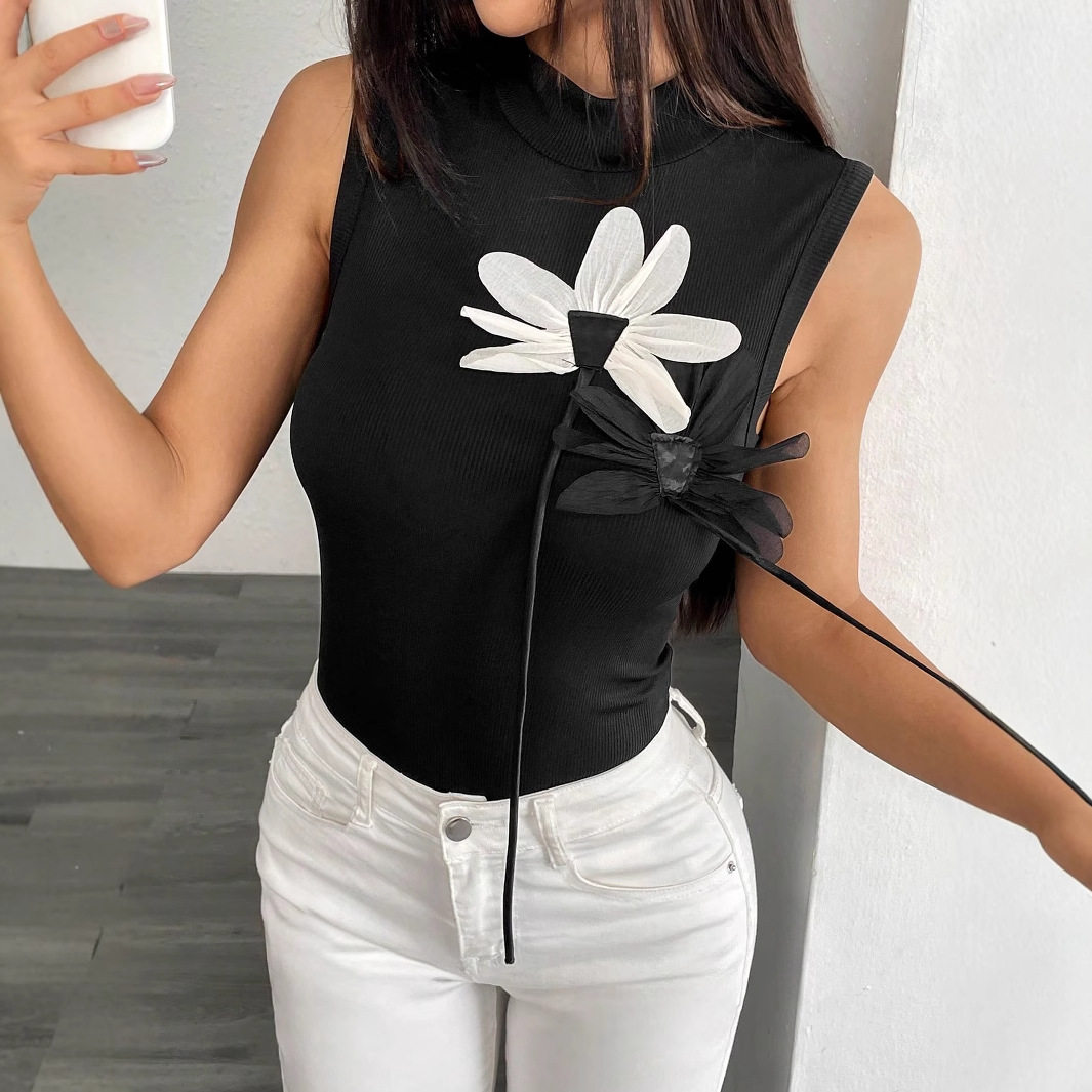 Knitted Floral Embellished Dress Slim Fit 3D Flower Design Elegant Style Perfect for Parties or Special Occasions