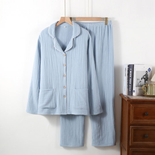 秋冬加厚棉纱布四层纱布睡衣绉布开衫家居服纯色无印风格的情侣