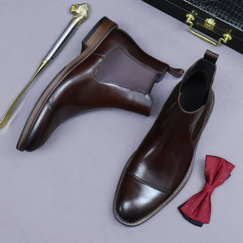 Boot Chelsea nam da bò cao cấp cổ thấp phong cách công sở — Màu nâu cộng với nhung, Màu đen, Lông cừu đen, Màu cà phê