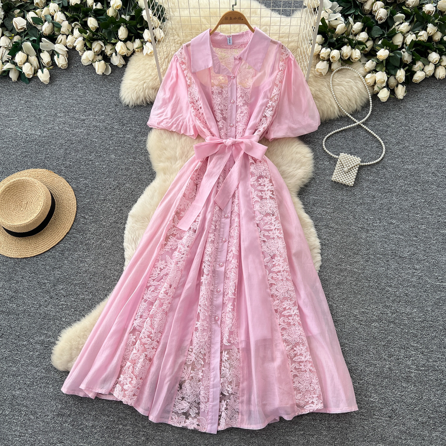 Pink Lace Embroidered A Line Dress High Waist Slim Fit Elegant Style Summer Occasion Wholesale Available