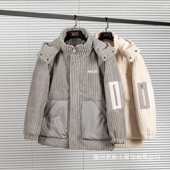 New Corduroy Men's Winter Duck down Trendy Short Jacket with Stand Collar, Thickened and Warm, Patchwork Wholesale