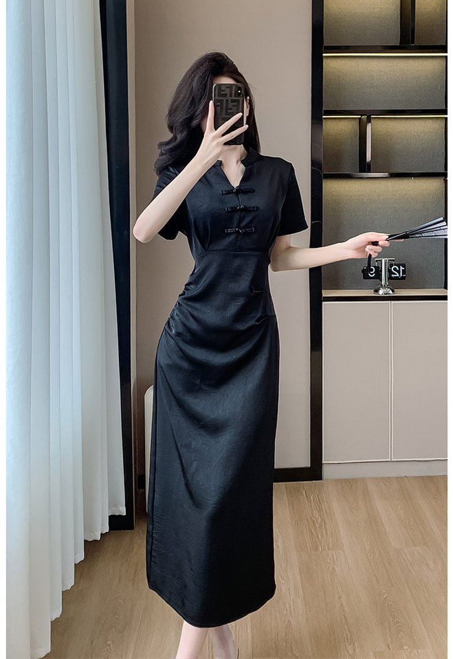 Váy Đầm Nữ Dáng Ôm Chiết Eo Phong Cách Trung Hoa Cổ Điển Màu Đen chi tiết 9