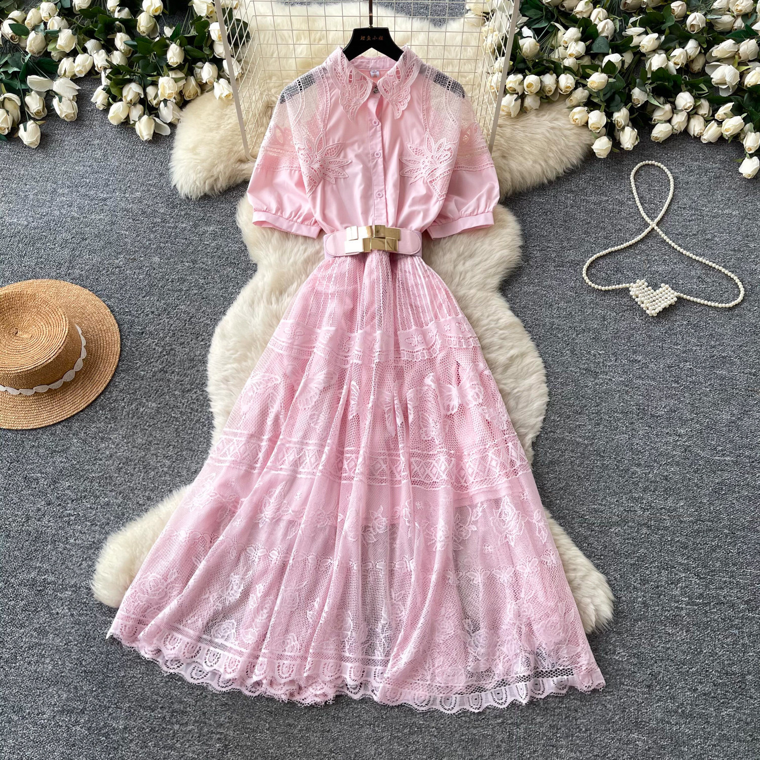 French Romantic Pink Hollow Lace Dress Summer A Line Silhouette Waist Defining Elegant Style Wholesale Availability
