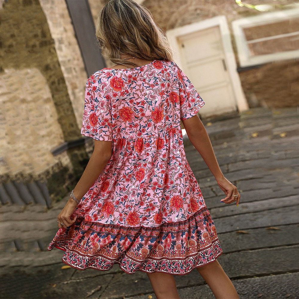Bohemian Floral Print Maxi Dress V Neck Loose Fit Plus Size Casual Vacation Wear Wholesale Available