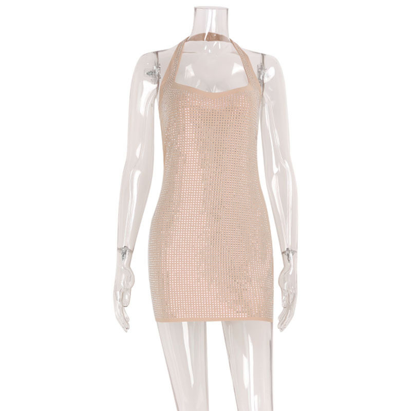 Bodycon Mini Dress Halter Neck Backless Rhinestone Embellished Chic Party Wear Wholesale Available