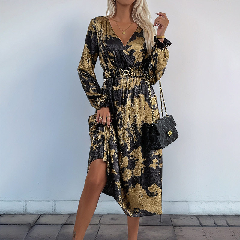 Vintage Party Dress V Neck Long Sleeve Gold Foil Detail Elegant Style for Special Occasions Wholesale Available