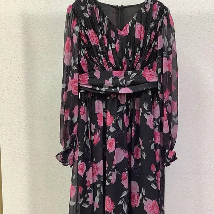 Elegant French Style Maxi Dress for Women High End Waist Defining Slim Fit Floral Print Chiffon Fabric Perfect