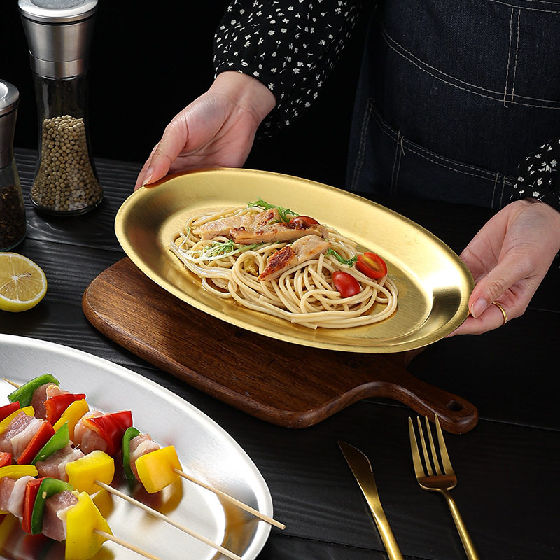 Korean Stainless Steel Egg-Shaped Plate Oval Plate Restaurant Thickeneded Fish Plate Commercial Flats Bottom Shallow Plate Golden Barbecue Plate