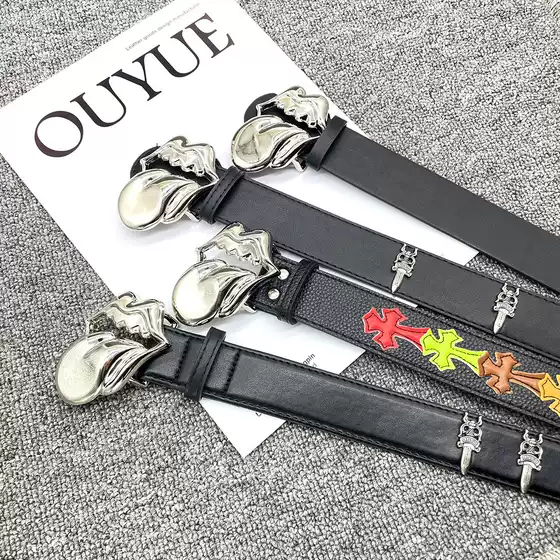 Rolling Stones Big Tongue Crow CH Classic Star Leather Belt Men's Pants with Cross Belt Women's Punk Style Fashionable Heart