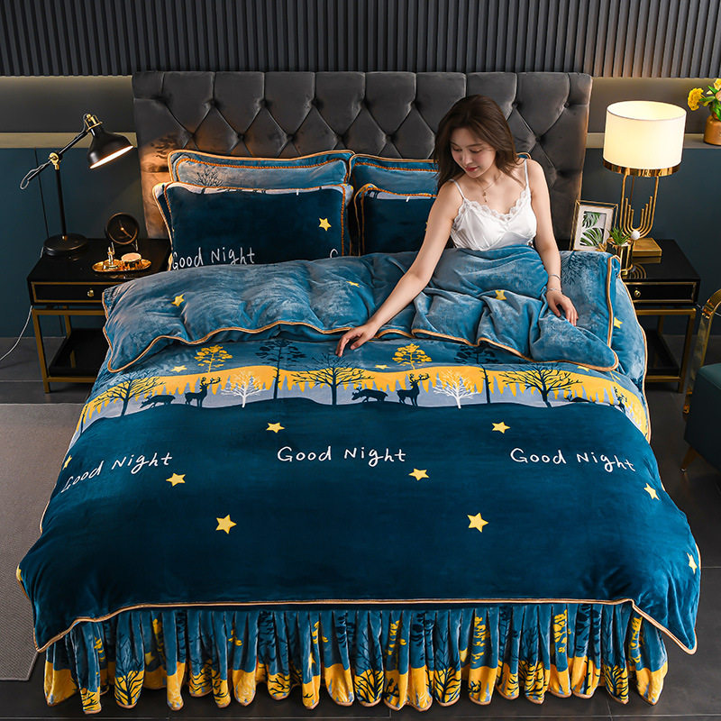 Winter Fleece-Lined Milk Velvet Four-Piece Set, Winter Thickeneded Coral Velvet Bed Bed Sheets, Quilt Cover, Flannel Bed Skirt Three-Piece Set