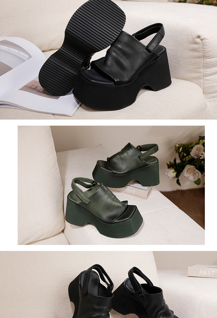 Sandal nữ quai ngang đế dày da bò mũi cá tăng chiều cao — màu đen, Xanh rêu đậm