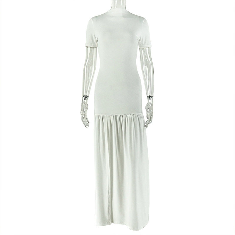 Elegant Womens Midi Dress Round Neck Short Sleeve Bodycon Fit Pleated Color Block Casual or Evening Wear