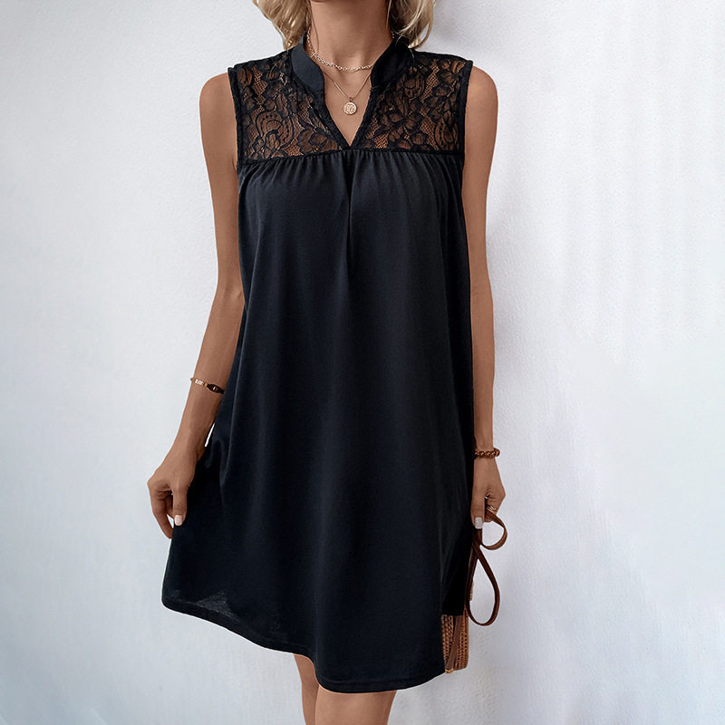 Casual Loose Dress European Style Stand Collar Solid Color Lace Panel Perfect for Spring Summer Events Wholesale