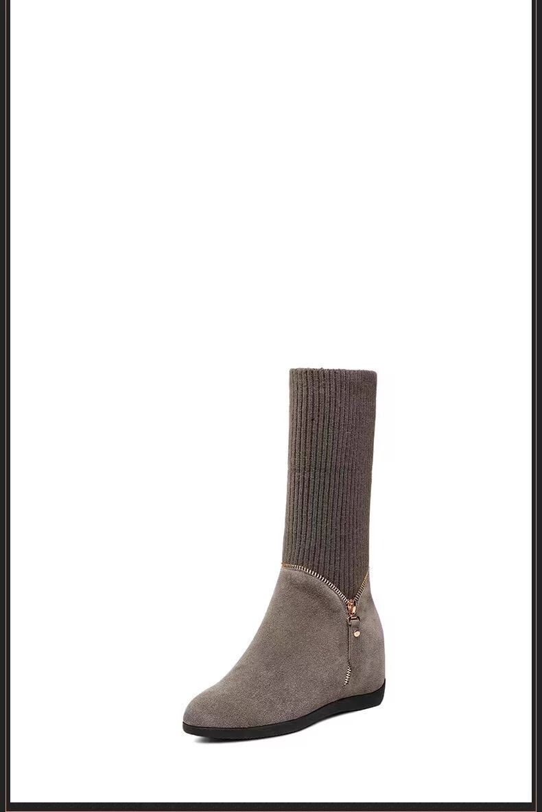 Boot nữ cổ trung gót nêm mũi tròn giữ ấm dáng thanh lịch — màu đen, màu xám
