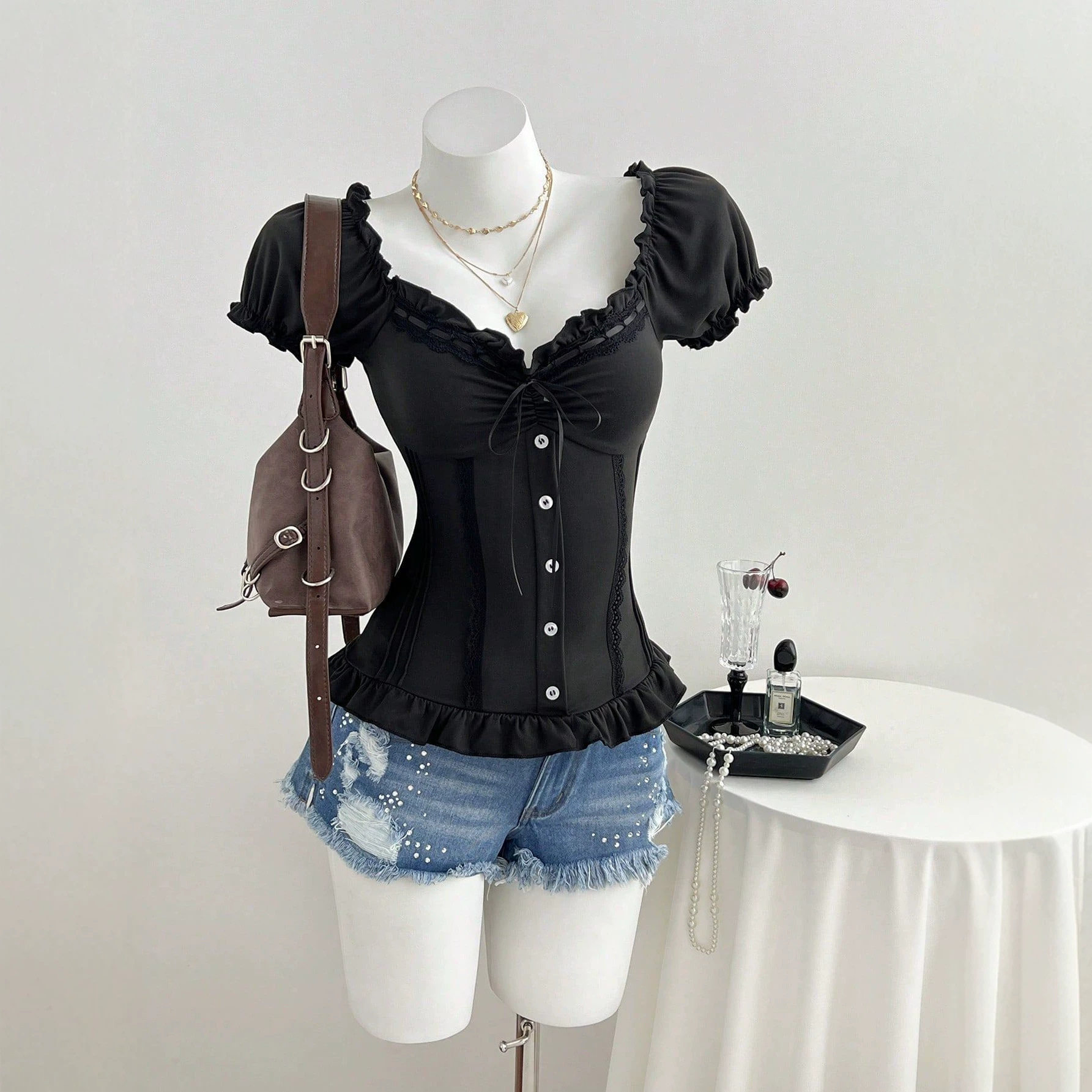 Summer Womens T Shirt Sweet Style Puff Sleeves Bow Tie Design Casual Wear Ready to Ship OEM ODM service