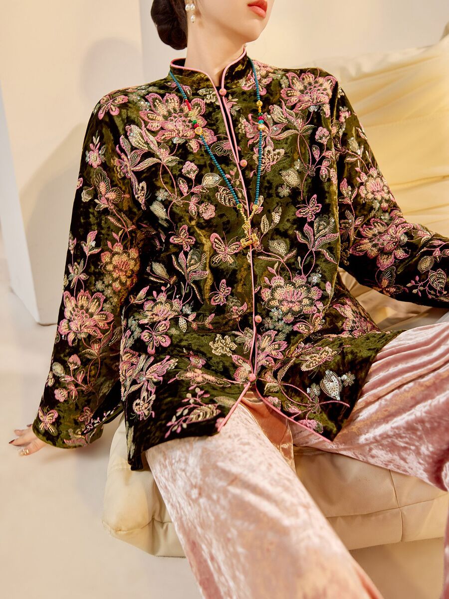 Áo khoác dạ gile nữ dáng dài thêu hoa đính cườm — Hồng xanh [phiên bản cotton], Hồng xanh [phiên bản thường]