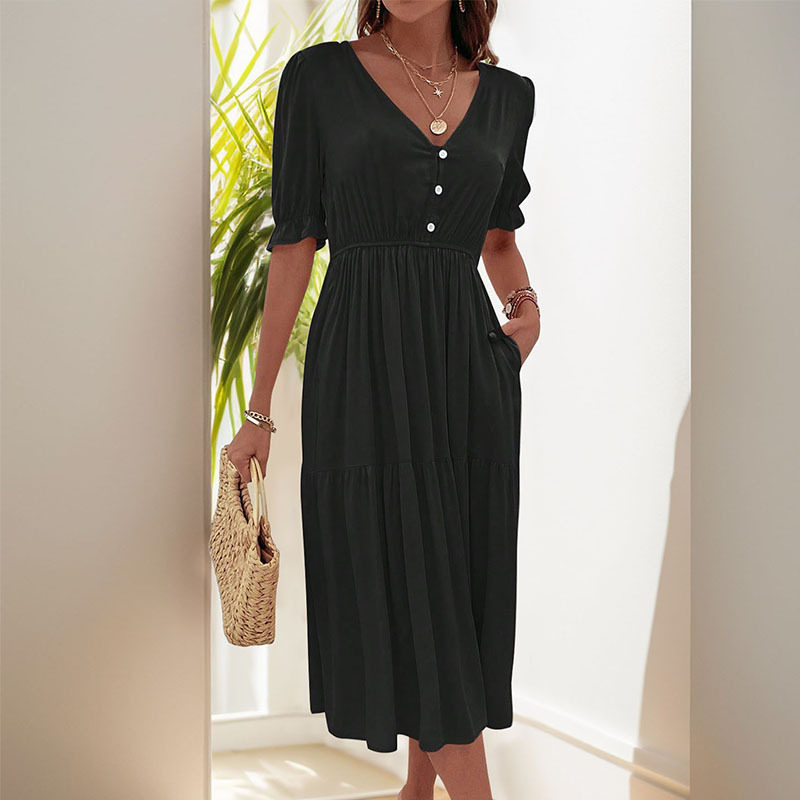 Casual Puff Sleeve V Neck Dress Simple Design Wrinkled Fabric Solid Color Perfect for Office Wear Wholesale