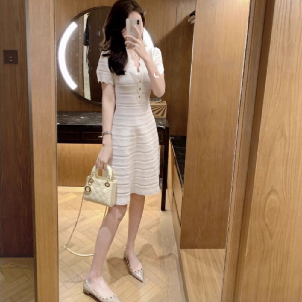 Summer Knitted Dress Slim Fit Wave V Neck Hollow Out Design Elegant Evening Wear Wholesale Available