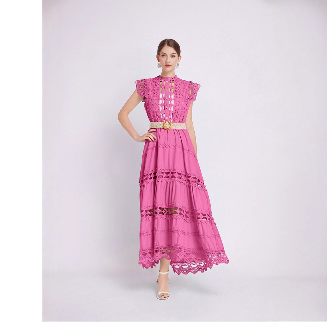 Elegant Sleeveless Dress French Style High Quality Lace Hollow Embroidery Waist Defining Perfect for Formal