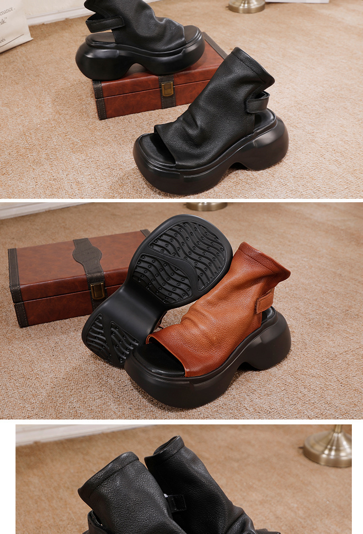 Sandal nữ mũi cá đế dày da bò thật thủ công — màu đen, Màu nâu