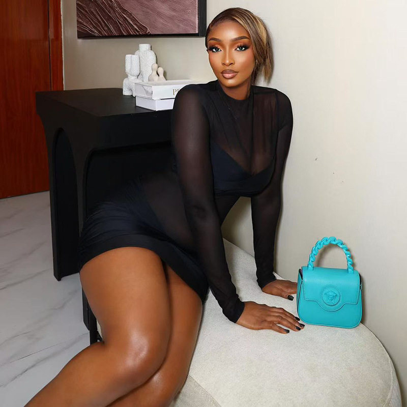High Neck Long Sleeve Bodycon Dress Sheer Mesh Slim Fit Solid Color Fashionable and Sexy for Parties Wholesale