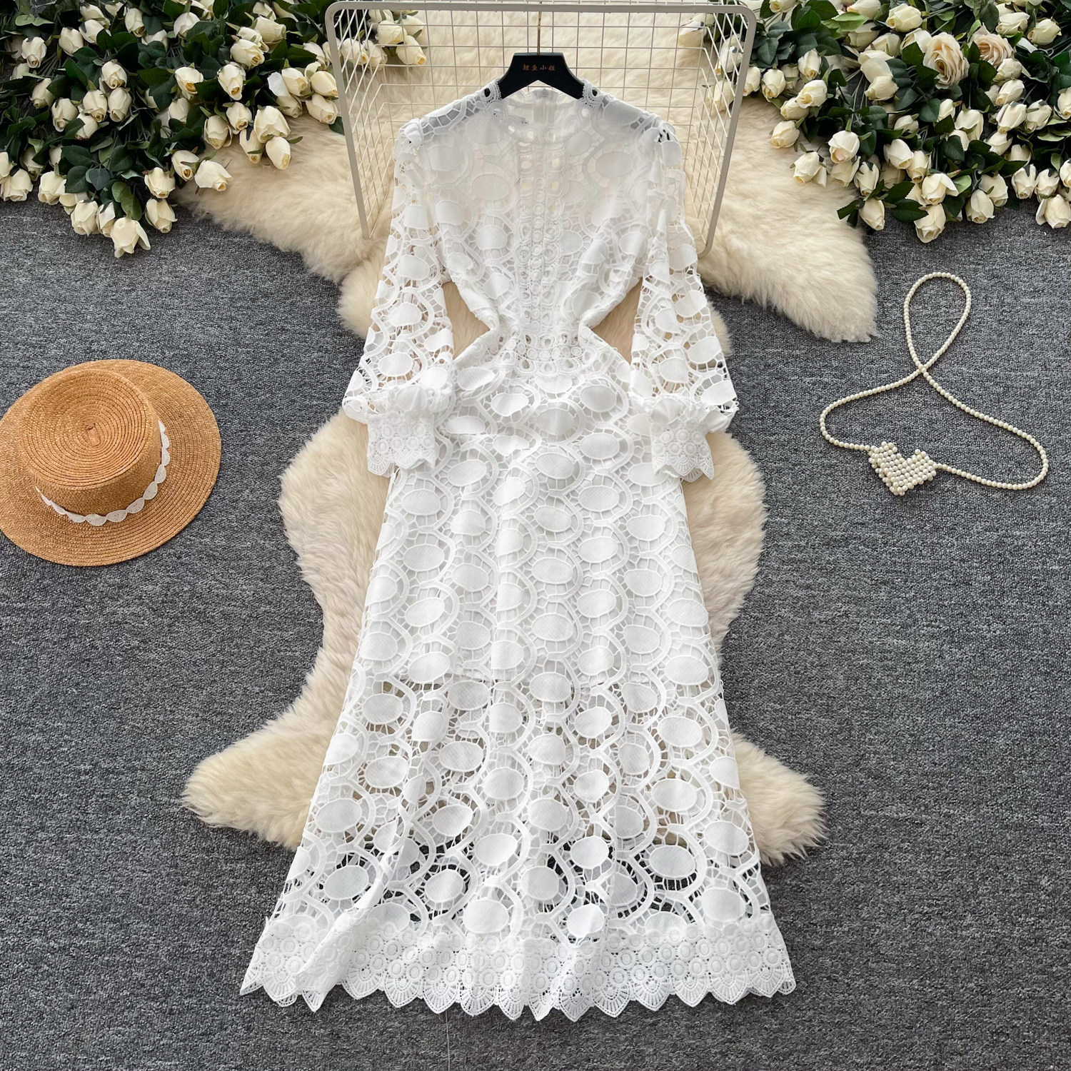 French Vacation Style Hollow Lace A Line Dress for Women Summer Elegant Slim Fit Korean Design Wholesale Available