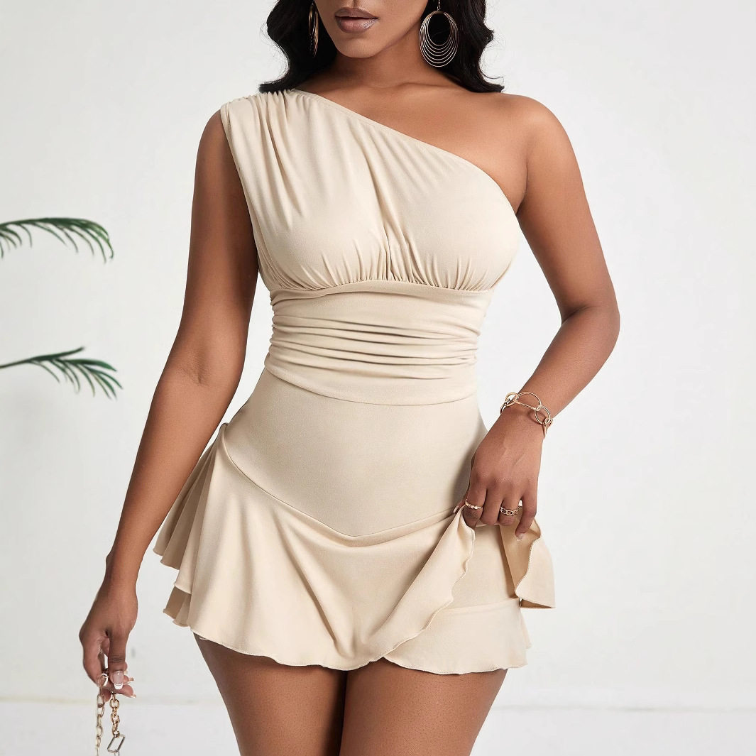 Elegant Womens Dress Asymmetrical Neckline High Waist Flared Hem Spring Summer Fashion Wholesale Available
