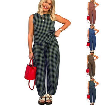 Cross-border European and American Women's 2025 Amazon TK New Printed Plaid Loose Casual Sleeveless Vest Pants suit