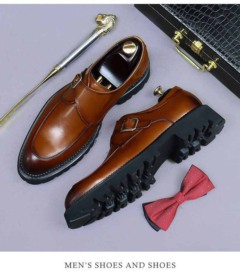 Giày monk strap nam da bò mũi tròn khóa thủ công — nâu, đen