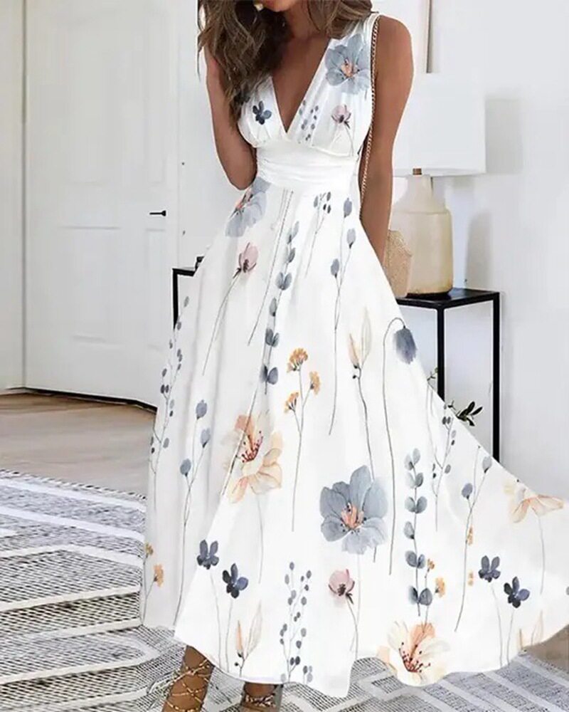 V Neck High Waisted Sleeveless Floral Dress Elegant Summer Style Perfect for Parties and Casual Outings Wholesale