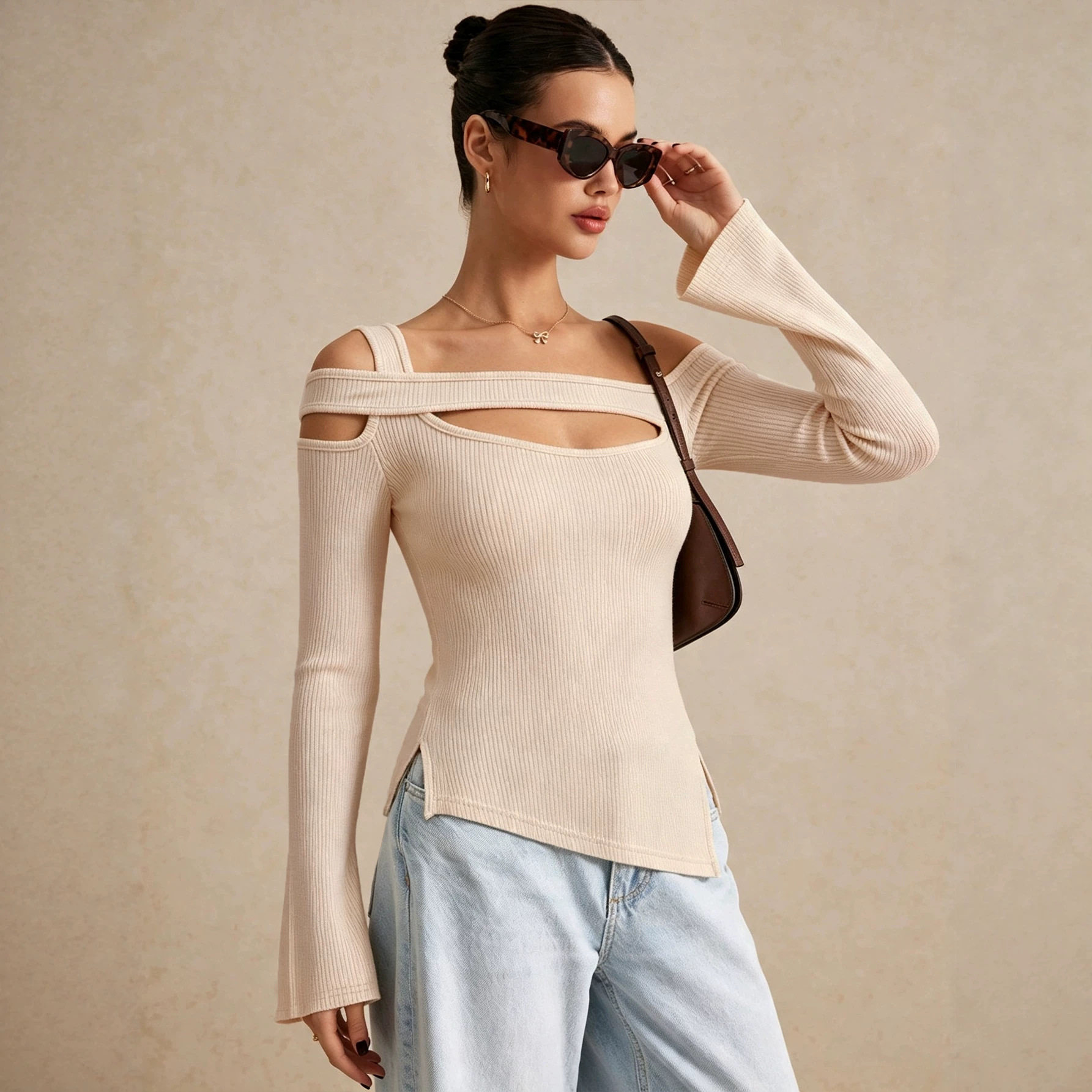 Off Shoulder Hollow Out Knit Top Bell Sleeves Side Slit Slim Fit Autumn Winter Fashion Wholesale Available