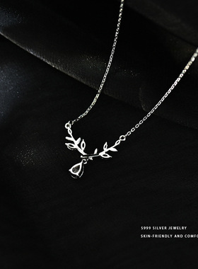 保真S999足银轻奢优雅月桂女神树叶水滴钻项链时尚锁骨链设计感
