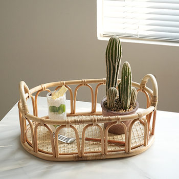 Rattan Retro Light Luxury Handmade Tray Woven Fruit Plate Bread Cosmetics Coffee Table Office Desktop Storage Basket