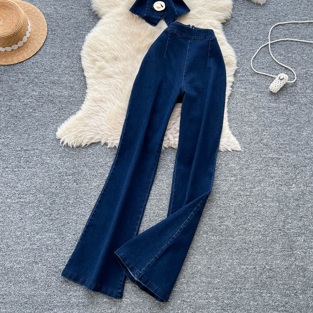 Womens Denim Set Metallic Buckle Cami Top High Waisted Slim Fit Flared Pants Trendy Casual Wear Wholesale Available