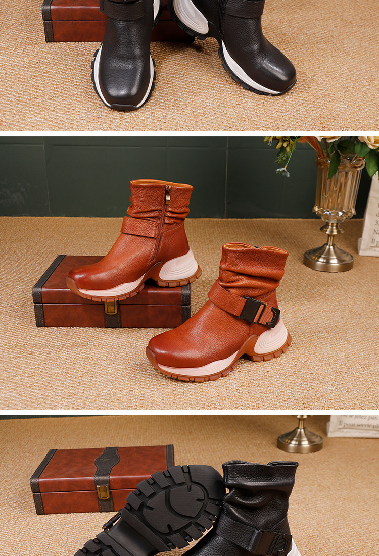 Boot nữ cổ thấp da bò thật phong cách thể thao, gót vuông khóa kéo bên — đen, nâu