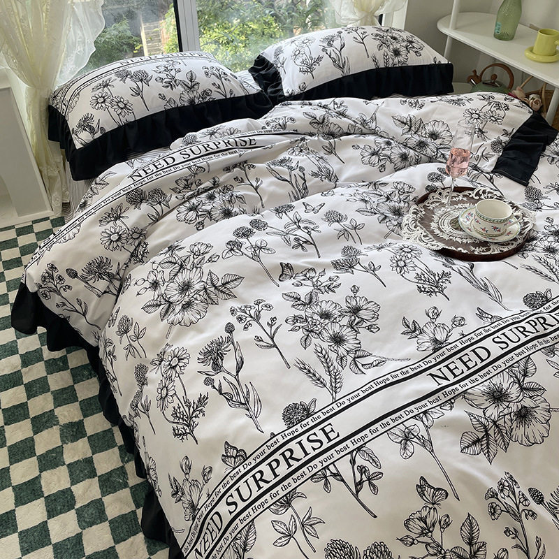 Korean style romantic washed cotton four-piece set thickened autumn and winter brushed Korean style Hepburn style Plaid series dormitory home