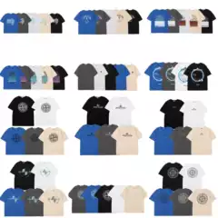 Cross-border high quality Trendy Brand New Stone Short-sleeved Men's and Women's Couple Island Cotton T-shirt Large Compasses Cross Embroidery