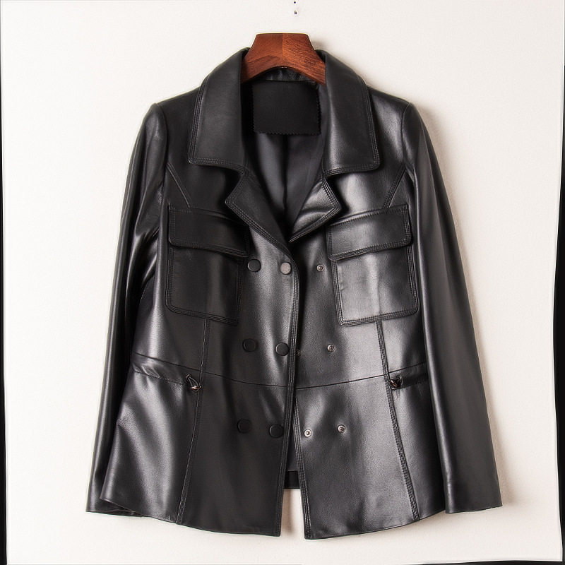 Áo Khoác Blazer Nữ Da Thật Dáng Ngắn Chiết Eo