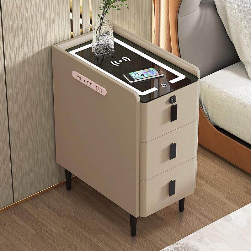 Solid Wood Bedside Table 2024 New Style Slit Small Cabinet Super Narrow Smart Super Narrow Very Narrow High-end Light Luxury Bedside Cabinet