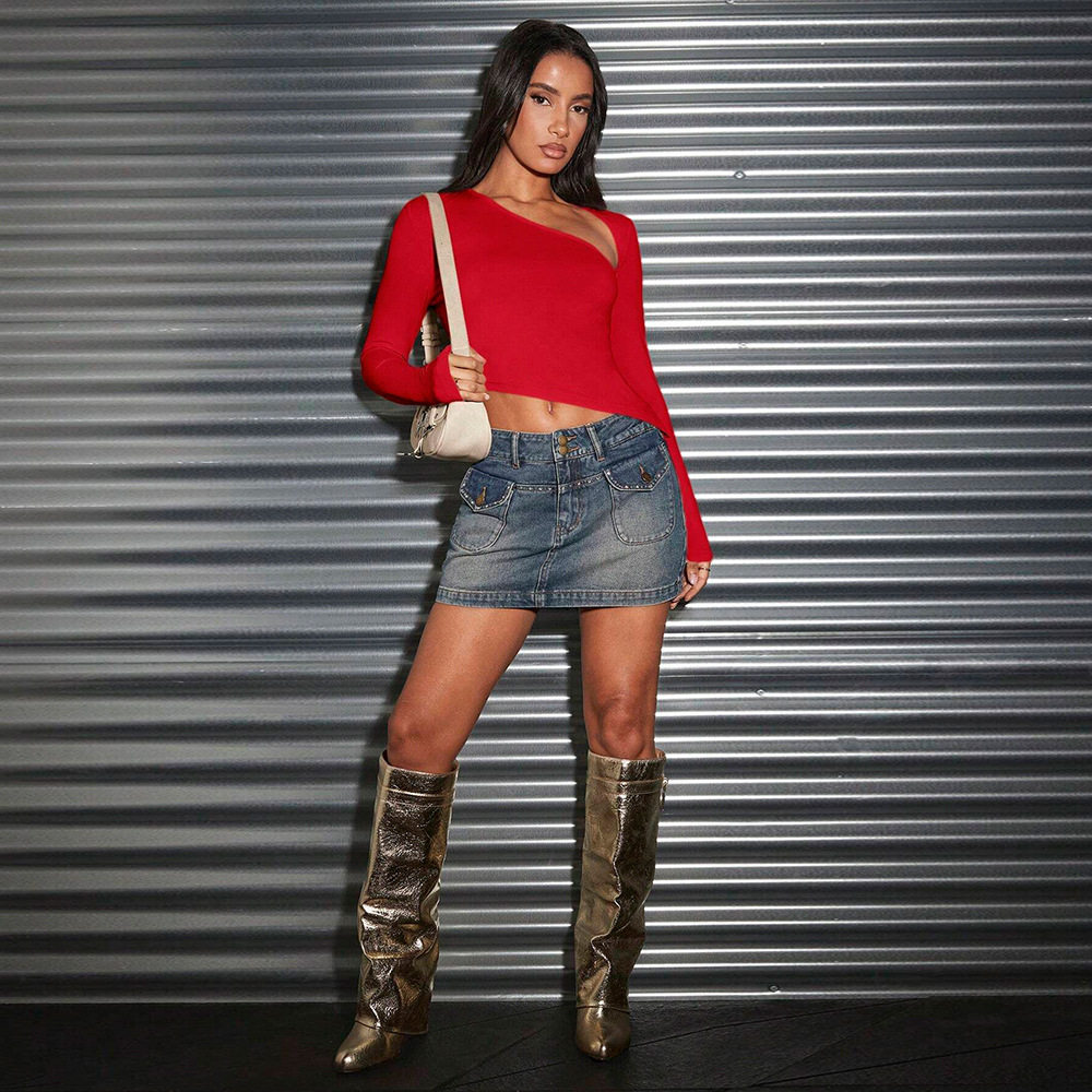 Red Short Sleeve Crop Top Sexy Off Shoulder Design Spring Summer Fashion for Women Wholesale Available
