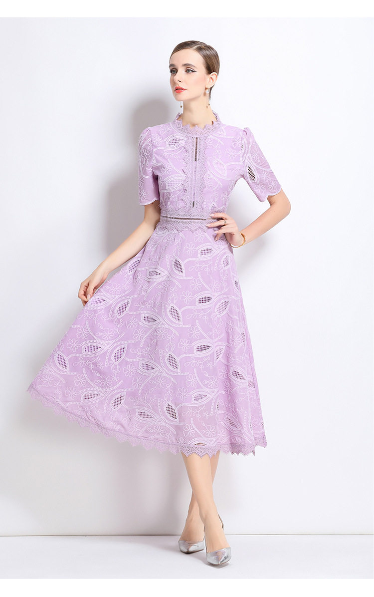 Elegant Short Sleeve Lace Dress for Women French Style Hollow Out Waist Defined High End Fashion Perfect for Formal