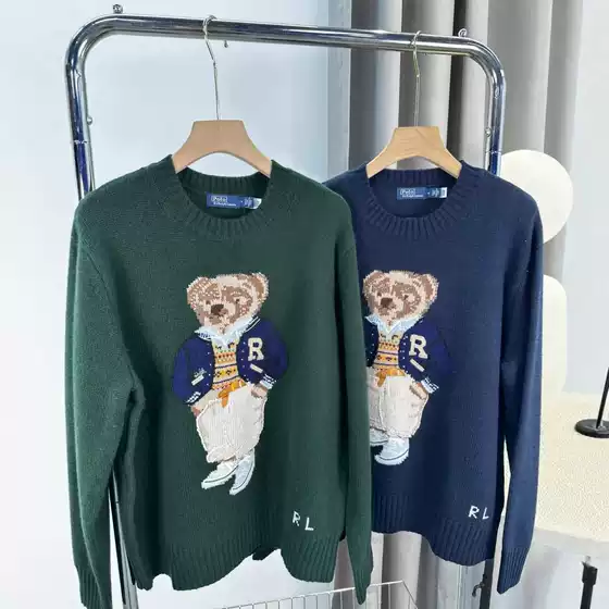 2025 Autumn/Winter New Rl Bear Round Neck Knitted Long Sleeve Loose British Style Cartoon Wool Sweater