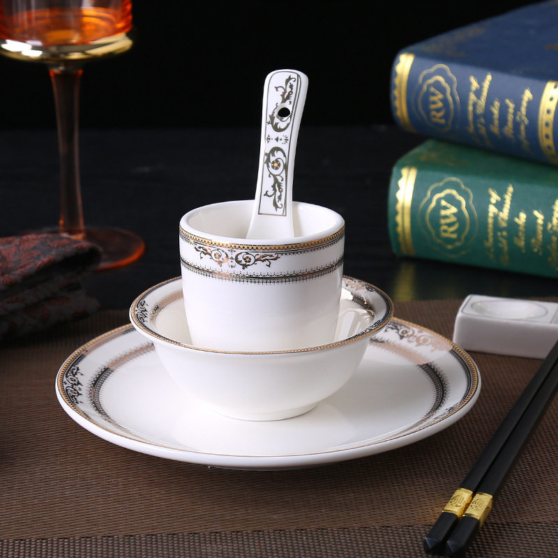 Hotel Tableware Set, Restaurant Chinese Hotel Bowls and Plates Three-Piece and Four-Piece Set, Factory Ceramic Bowls and Plates Five-Piece Set