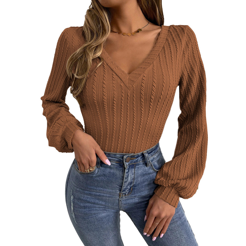 V Neck Puff Sleeve Knit Top Slim Fit Casual Style Elegant Design Perfect for Office Wear Wholesale Available