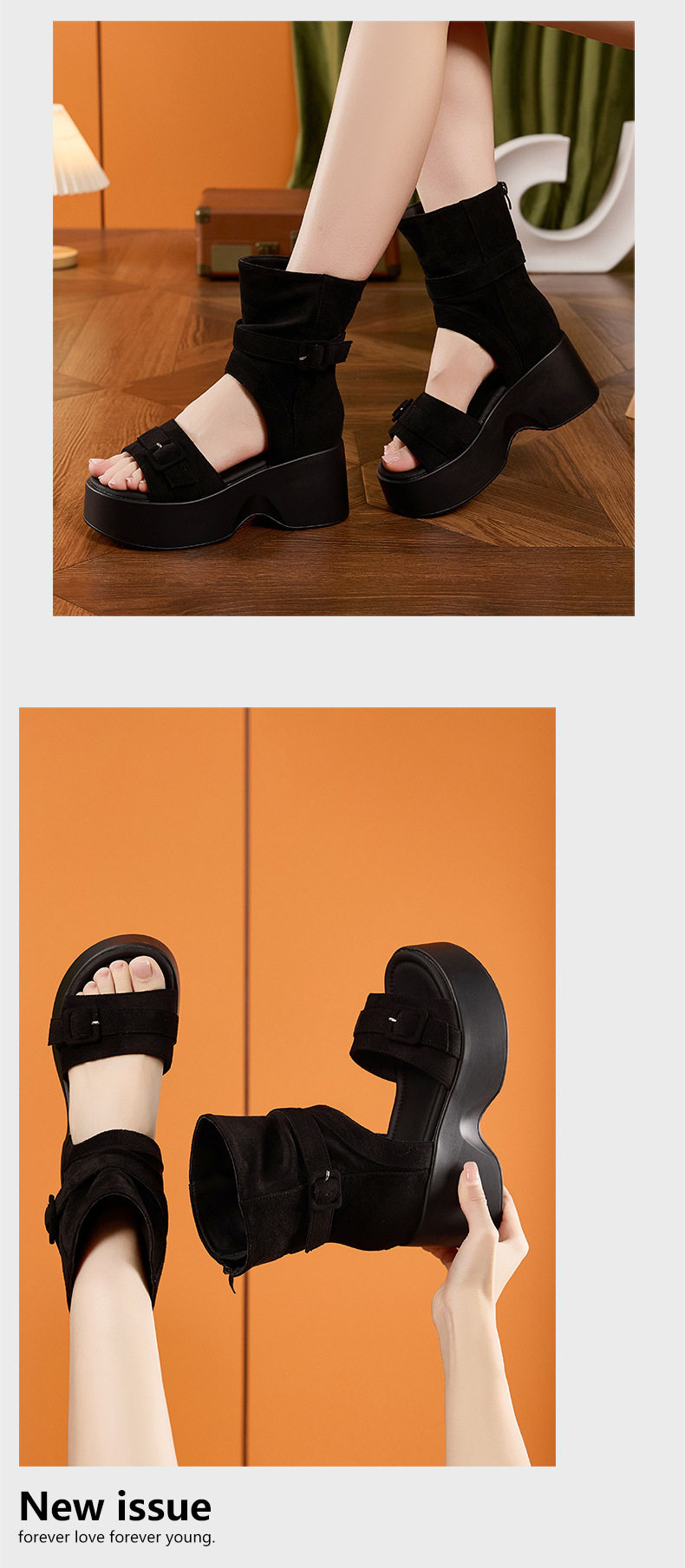 Dép sandal nữ quai chữ V đế xuồng cao 8 cm, mũi tròn, phong cách hè 2026 — Đen, Xanh dương chi tiết 13