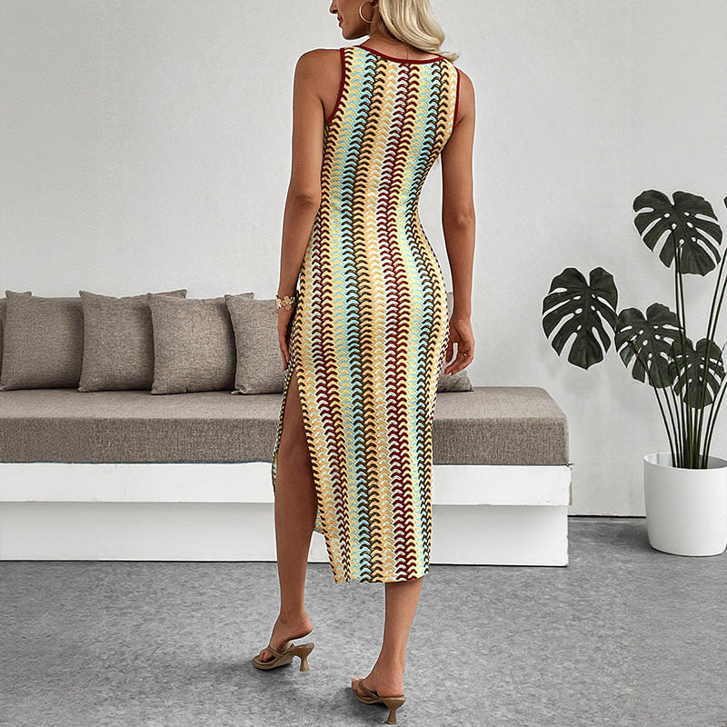 Sleeveless Striped Color Block Bodycon Dress Round Neck Ethnic Style Vacation Wear Wholesale Available