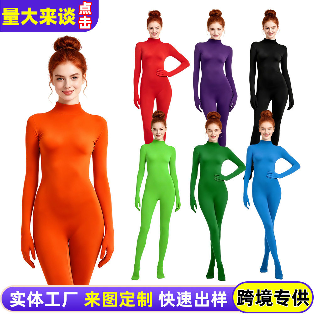 บอดี้สูทชิ้นเดียวสำหรับสตรี แขนและขาเชื่อมต่อเป็นชิ้นเดียว ชุดเซนไตสีพื้น ผ้าไหมนม ชุดแสดงบนเวทีแบบคลุมทั้งตัว