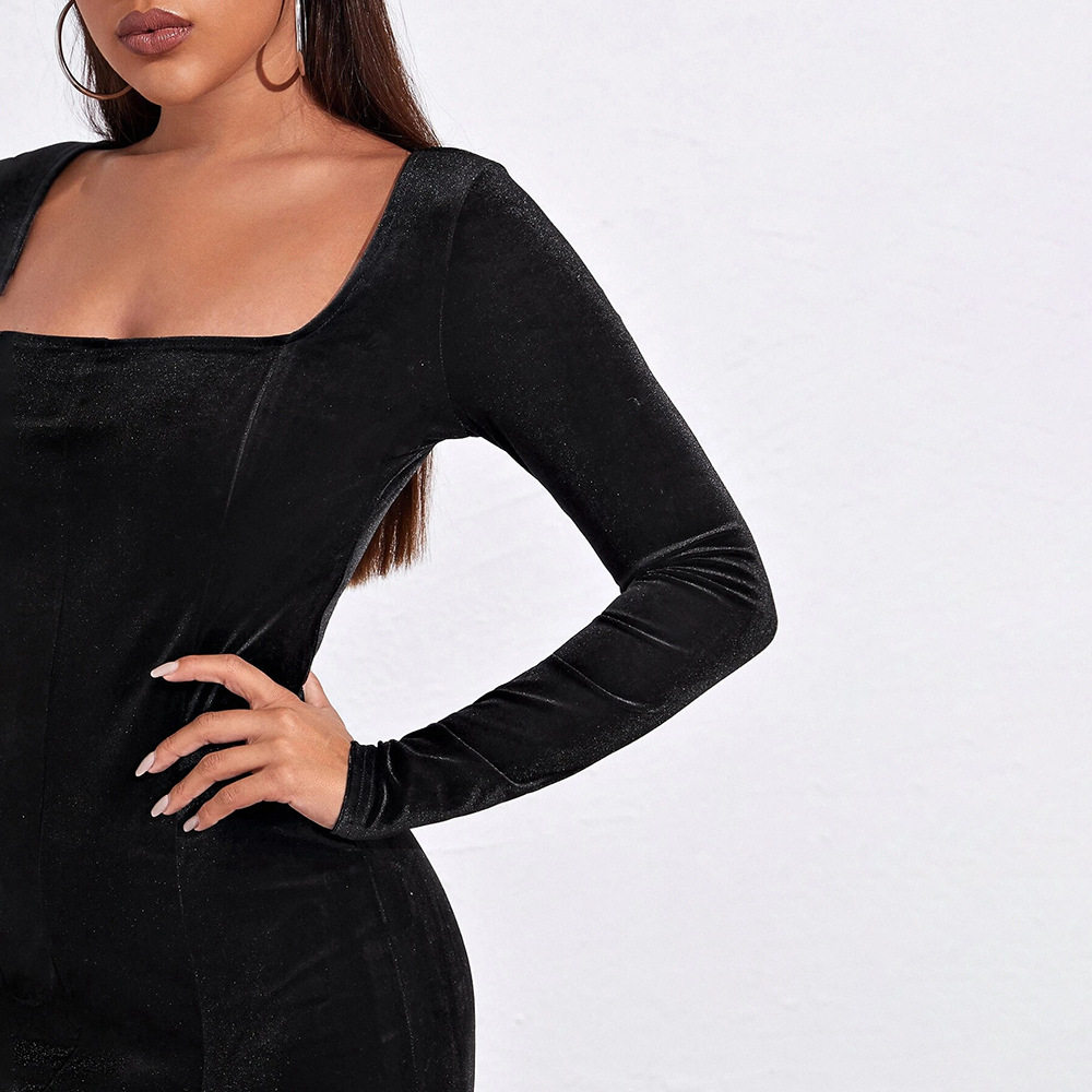 Velvet Bodycon Dress Sexy Split Hem Square Neck Long Sleeve Elegant French Style for Parties Wholesale Available
