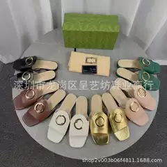 Cross-Border Slippers g Brand European and American Style Women's Flat Sandals with Metal Buckle and Square Toe for Summer Outdoor Wear Beach Slippers