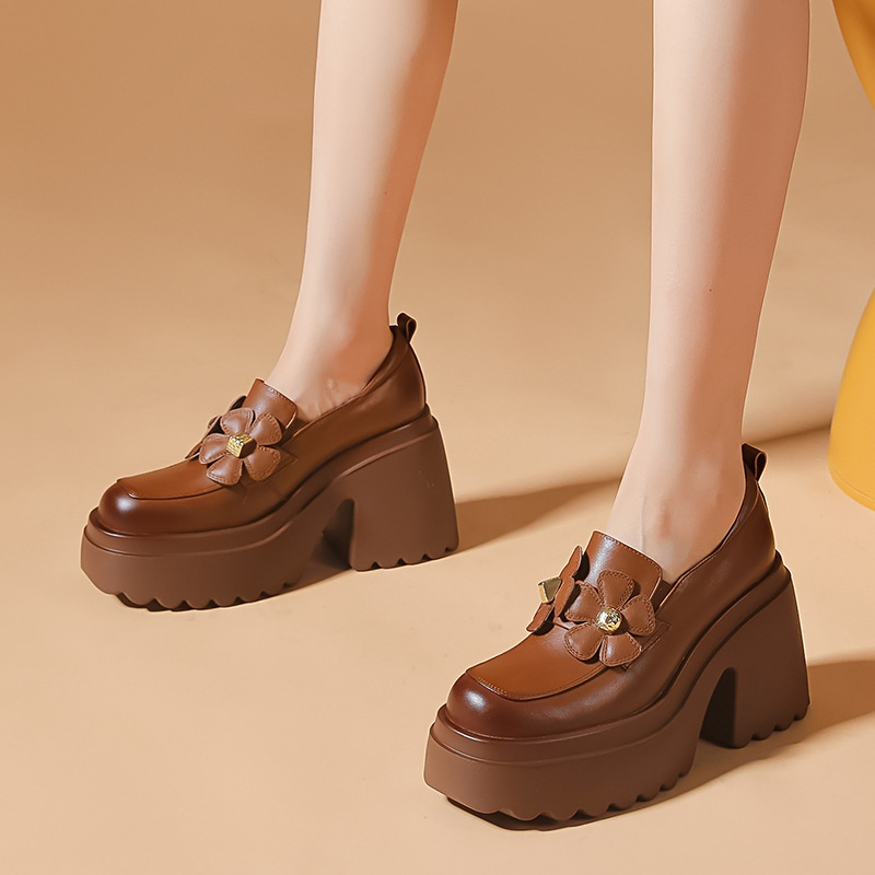 Giày Cao Gót Nữ Cao 10cm Mũi Tròn Gót Vuông Họa Tiết Hoa Đế Cao Hàng Mùa Xuân Thu Đông